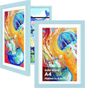 KINLINK A4 Kids Art Frames Set of 2, Solid Wood Kids Artwork Frames Changeable with Acrylic Front Opening Holds 150 Pictures, Art Frame for Kids Artwork with Mat or without Mat, Light Blue