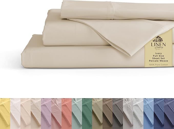 Linen Home 100% Cotton Percale Sheets Full Size, Ivory, Deep Pocket, 4 Pieces Set - 1 Flat, 1 Deep Pocket Fitted Sheet and 2 Pillowcases, Crisp Cool and Strong Bed Linen