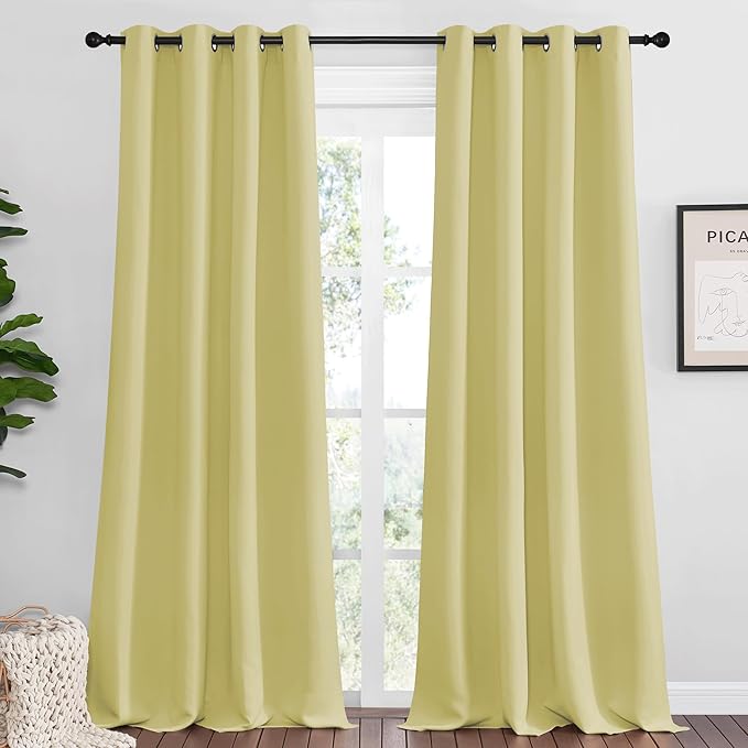 NICETOWN Paler Yellow Blackout Curtains 120" Long for Office, Dining Room, Guest Room, 55" Wide, 2 Pieces, Sound Reducing Heat and Cold Block Curtain Panels for Modern Decorative