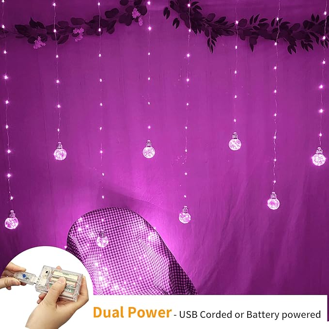 YOLIGHT Wishing Ball Curtain Lights 200 LED Window Curtain String Light with Remote, USB Battery Powered Twinkle Globe Fairy Lights for Wedding Party Bedroom Christmas Decoration (Pink)
