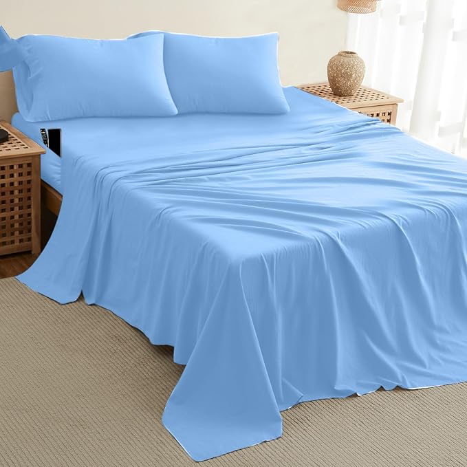 DREAMCARE King Size Sheets Set – 4 pcs Cooling Sheets – up to 21” Deep Pocket King Sheet Set – Hotel Luxury Sheets & Pillowcases – Superior Softness 100% Fine Microfiber with Side Pocket – Light Blue