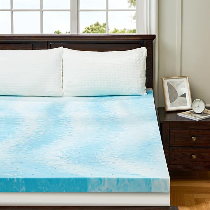 PERLECARE 2 Inch Twin Memory Foam Mattress Topper, Cooling Gel Infused Mattress Pad, Ventilated Bed Topper for Pressure Relief, CertiPUR-US Certified, Dorm Room Essentials, Blue