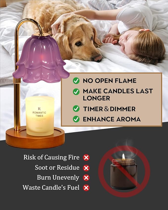 Purple Candle Warmer Lamp with Timer & Dimmer, Adjustable Height Christmas Gifts Birthday Gifts for Women Mom, Flower Candle Lamp Warmer, Wax Warmer with 2 Bulbs, House Warming New House Decorations