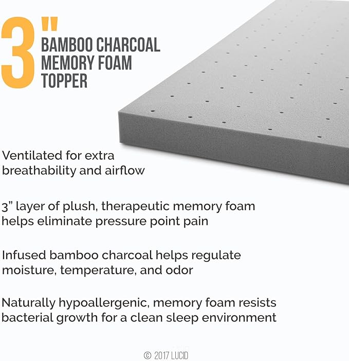 Lucid 3 Inch Ventilated Bamboo Charcoal Memory Foam Mattress Topper, CertiPUR-US Certified, Moisture and Odor Control-Queen