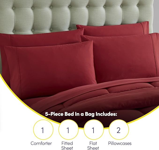 Sweet Home Collection 5 Piece Comforter Set Bag Solid Color All Season Soft Down Alternative Blanket & Luxurious Microfiber Bed Sheets, Red, Twin