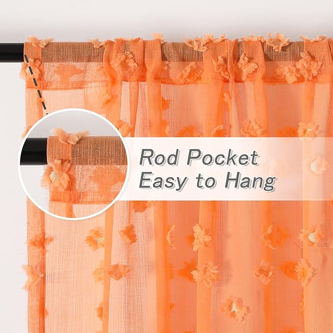 MYSKY HOME Pom Pom Orange Sheer Curtains for Bedroom Girls Room Curtains for Nursery Kids Light Filtering Boho Window Drapes, Rod Pocket, 52 x 95 Inches, 2 Panels