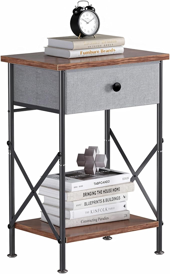 VECELO Nightstand with Drawer, Small Bedside Table with Storage and Adjustable Metal Legs, Wood End Table for Bedroom or Living Room, Perfect for Small Spaces and Modern Farmhouse Décor, Retro Brown