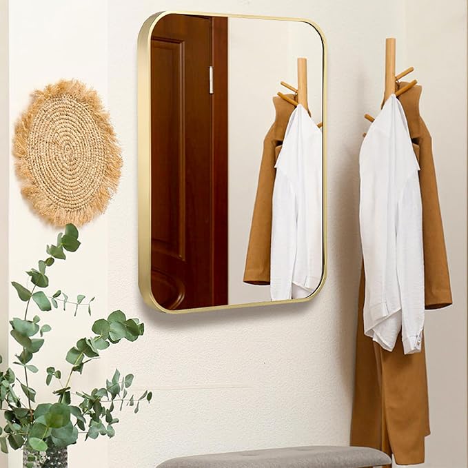 24"x36" Matte Gold Mirror for Wall, Brushed Metal Framed Rounded Corner Rectangular Mirror for Bathroom Vanity,Entryway,Living Room,Bedroom,Vertical or Horizontal