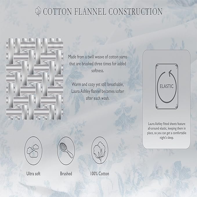 Laura Ashley - Flannel Sheets King Size, Anti-Pilling & Wrinkle Resistant Cotton, Touchably Soft for All-Season Comfort - Bed Sheets with Matching Pillowcases & Fitted Sheet (Rosalie Grey)