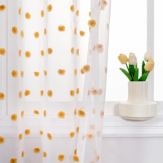 MYSKY HOME Pom Pom Curtains for Girls Bedroom 63 Inch Burnt Orange Curains for Nursery Kids Room Sheer Curtains for Living Room Dining Room Rod Pocket Small Window 52" x 63" Set of 2