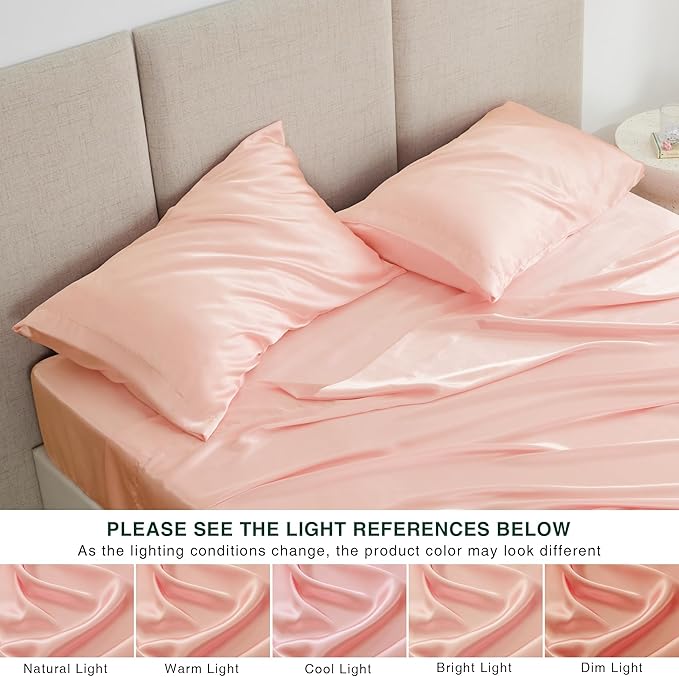 Love's cabin Full Size Satin Sheet Sets - 4 Piece Coral Silky Satin Sheet Set Full with Deep Pocket, Luxury Silk Feel Satin Bed Sheets Full Bedding Set (1 Flat Sheet,1 Fitted Sheet,2 Pillow Cases)
