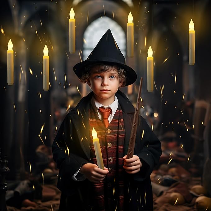 Homemory Hanging Floating Candles with Wand Remote and String, 12 Pcs Flying Flameless LED Taper Candles Warm White Light, Battery Operated Window Candles with Wand for Halloween Christmas Party