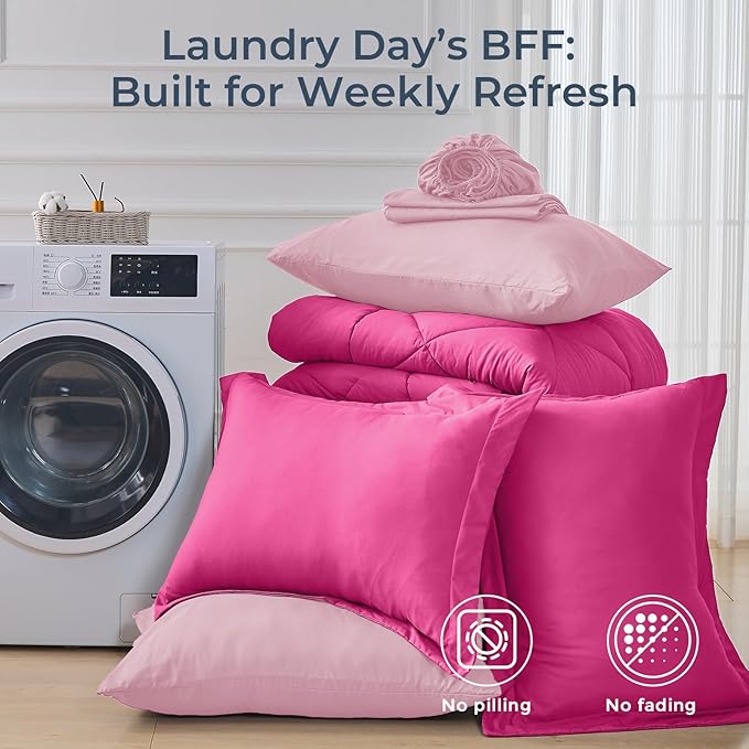 HEVUMYI Hot Pink & Baby Pink King Comforter Set - 7-Piece All Season Bed in a Bag King, Ultra Soft Bedding Set with Comforter, Flat Sheet, Fitted Sheet, Pillowcases, Pillow Shams