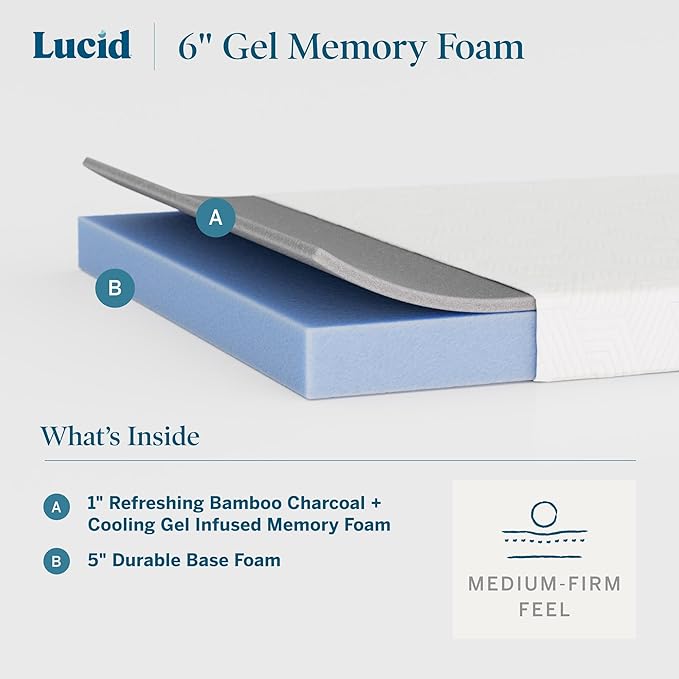 Lucid 6 Inch Memory Foam Mattress – Low Profile – Medium Firm Feel - Infused with Bamboo Charcoal and Gel - Bed in a Box - Temperature Regulating - Breathable - Twin Size