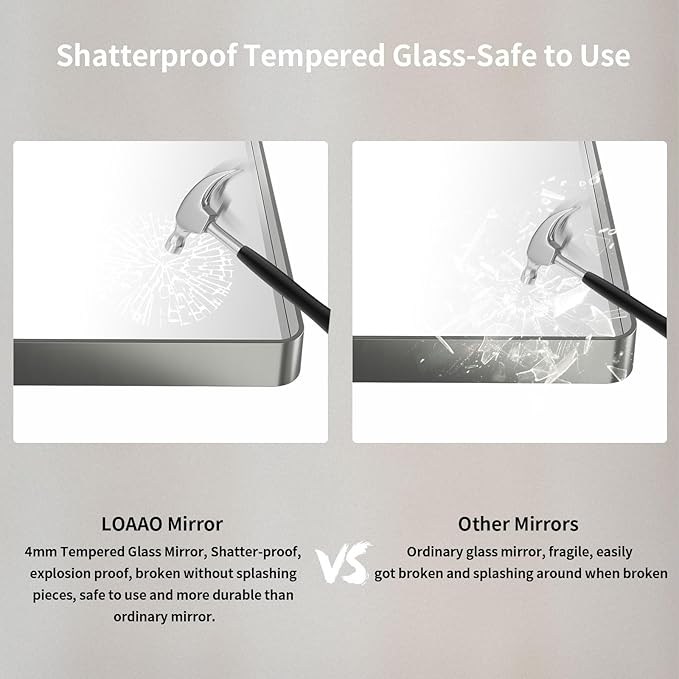 LOAAO 60X36 Inch Brushed Nickel Bathroom Mirror, Rounded Rectangle Silver Metal Frame Mirror, Brushed Nickel, Anti-Rust, Shatter Proof, Hangs Horizontally or Vertically