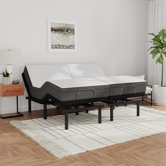 Blissful Nights e3 Split King Adjustable Bed Base Frame with 10" Medium Firm Gel Infused Memory Foam Mattress