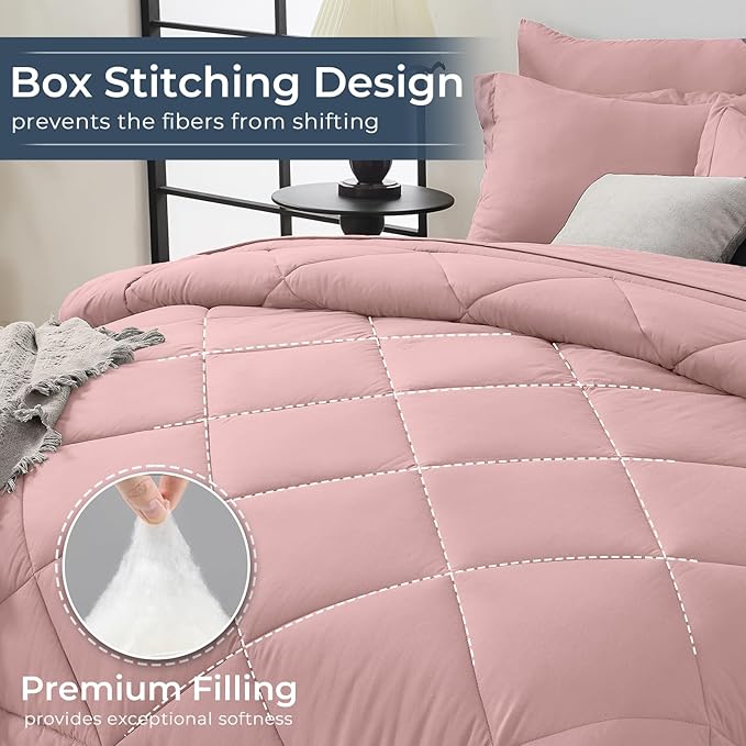 HEVUMYI Rose Gold Cali-King Comforter Set - 7-Piece All Season Bed in a Bag Cali-King, Ultra Soft Bedding Set with Comforter, Flat Sheet, Fitted Sheet, Pillowcases, Pillow Shams