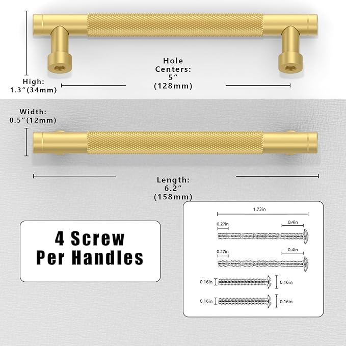 10 Pack Brushed Gold Knurled Cabinet Pulls 5 Inch(128mm) Kitchen Cabinet Handles Solid Zinc Alloy Cabinet Hardware Drawer Pulls