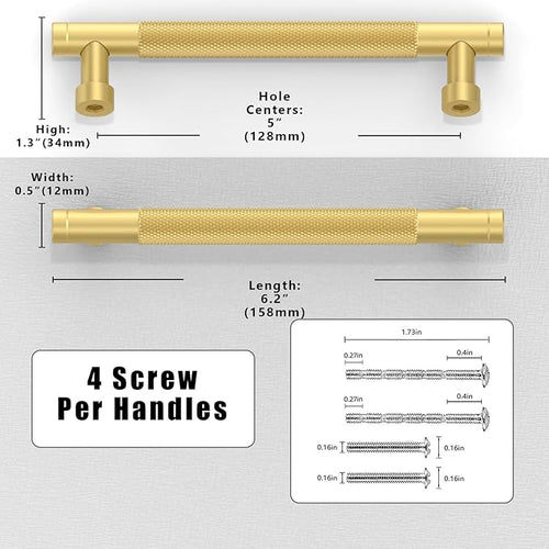 10 Pack Brushed Gold Knurled Cabinet Pulls 5 Inch(128mm) Kitchen Cabinet Handles Solid Zinc Alloy Cabinet Hardware Drawer Pulls