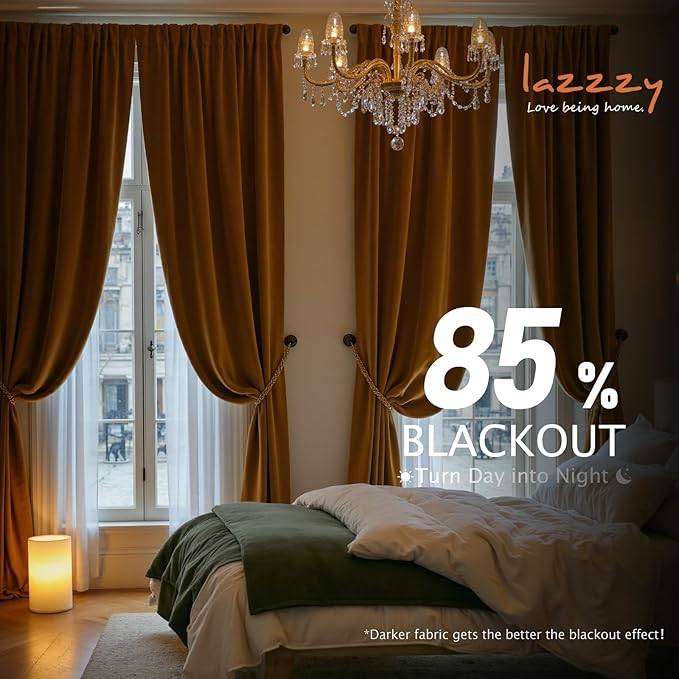 Lazzzy Velvet Blackout Curtains Thermal Insulated Room Window Drapes Super Soft Luxury Curtains for Living Room Bedroom Rod Pocket 2 Panels, Gold Brown, 52" W x 102" L