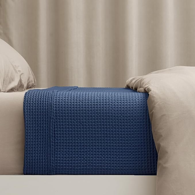 PHF 100% Cotton Waffle Weave Blanket Queen Size for Bed,Snag Proof Lightweight Breathable Throw for Couch,Great for Layering in Cold Weather,Machine Washable, Home Decor Gift-Navy Blue/Bright Blue