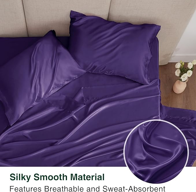 Love's cabin Twin Satin Sheets Sets - 3 Piece Purple Silky Bed Sheets with Deep Pockets, Luxury Silk Feel Satin Twin Size Sheet Set Bedding Set (1 Flat Sheet,1 Fitted Sheet,1 Pillow case)