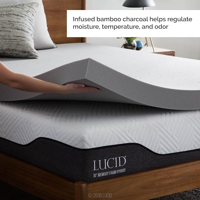 LUCID 4 Inch Bamboo Infused Memory Foam Mattress Topper - Queen Size – Cooling Ventilation – Pressure Relieving Bed Topper - Mattress Pad – CertiPur Certified