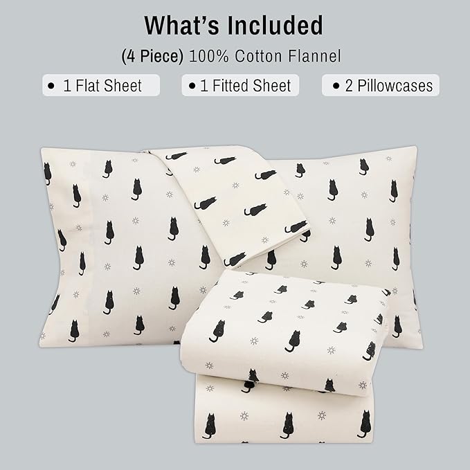 RUVANTI Flannel Sheets King Size - 100% Cotton Brushed King Size Sheets Set - Deep Pockets 16 Inches Bed Sheets - All Seasons Breathable & Extra Soft - Warm & Cozy, 4 Piece, Black Cat