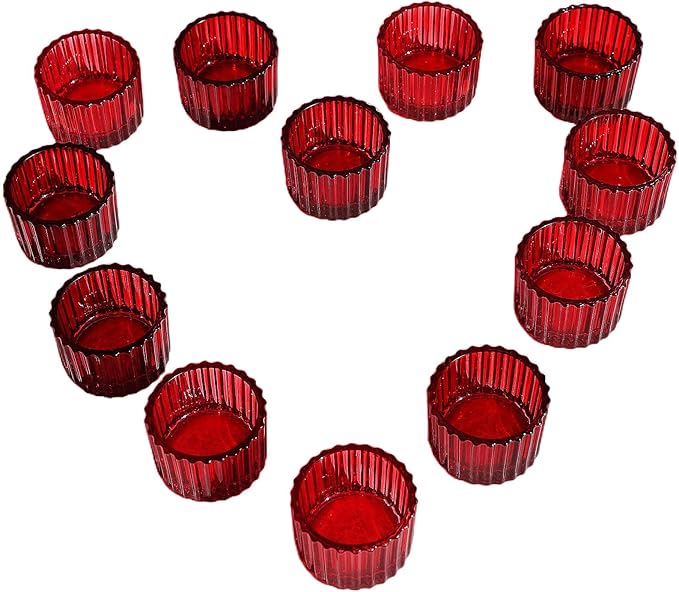 VOHO 24pcs Red Tealight Candle Holder for Christmas Decorations, Vintage Ribbed Votive Candle Holders Gifts for Women Friends, Small Tea Light Candle Holder Glass Wedding Centerpieces for Tables