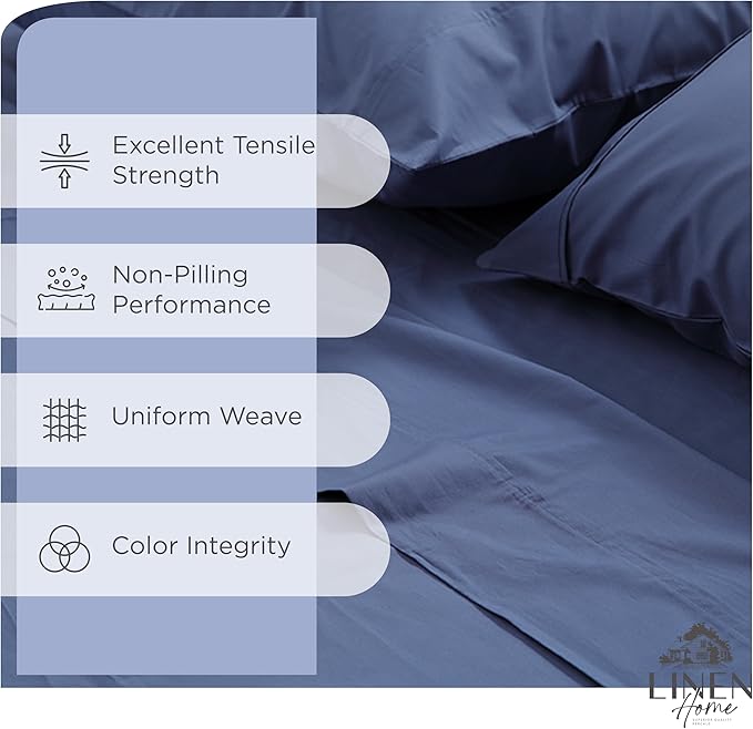 Linen Home 100% Cotton Percale Sheets Queen Size, Dark Blue, Deep Pocket, 4 Pieces Set - 1 Flat, 1 Deep Pocket Fitted Sheet and 2 Pillowcases, Crisp Cool and Strong Bed Linen