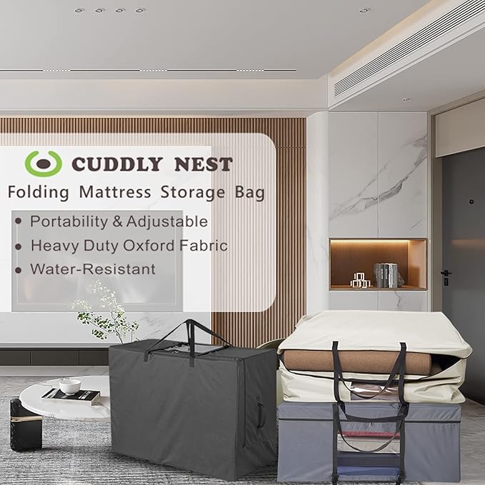 Cuddly Nest Folding Mattress Storage Bag - Heavy Duty Carry Case for Tri-Fold Guest Bed (Fits 4" NARROW TWIN & COT Mattress,Black)