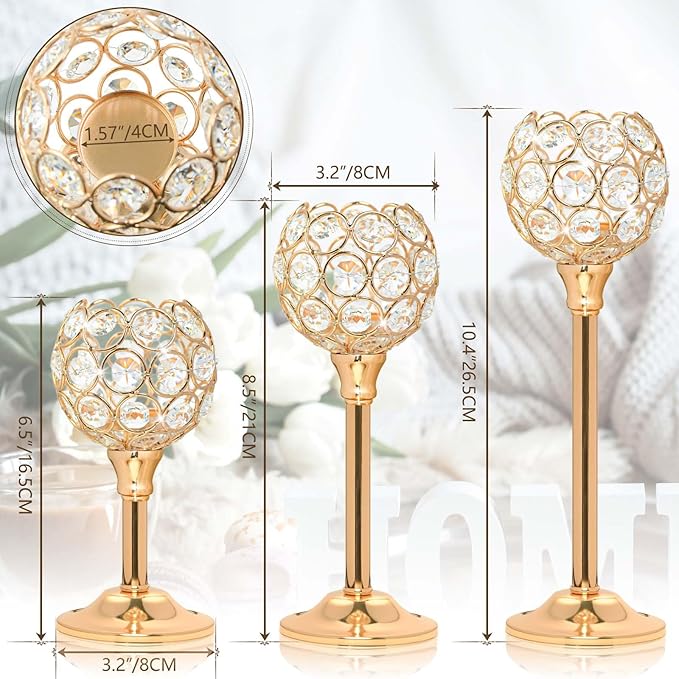 Crystal Metal Tealight Candlestick, Bling Bowl Candelabras, Tall Crystal Votive Candle Holders Elegant Crystal Candle Centerpiece for Dining Table Wedding Decor (Set of 3, Gold)