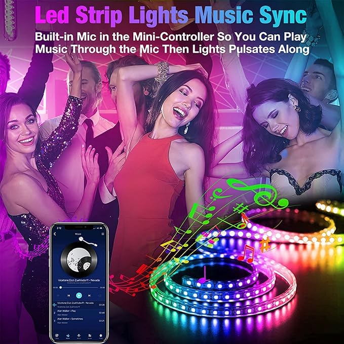 Led Lights 100ft Smart APP Control Music Sync Strip Lights RGB Color Changing Strips with Remote, for Bedroom Kitchen and Party