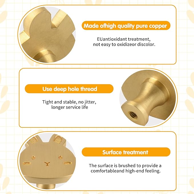 5 Pack Solid Brass Cartoon Rabbit Cabinet knob, Children's Dressing Table, Desk, Bookshelf, Drawer, Wardrobe, Gold Single Hole Handle