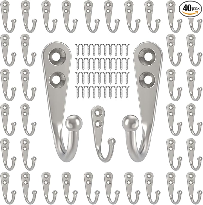 POZEAN 40 Pack Wall Hooks - Silver Coat and Towel Hooks with 80 Screws, for Hanging Coats, Scarves, Bags, Towels, Keys, Caps, Cups, Hats and More