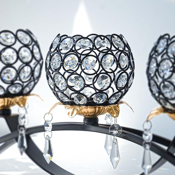 Set of 3 Gold Crystal Tea Light Candlestick Holders Flower Shape with Crystal Pendant Bowl Votive Metal Candle Holder for Table Centerpieces Wedding Home Decor (Set of 3, Black+Gold)