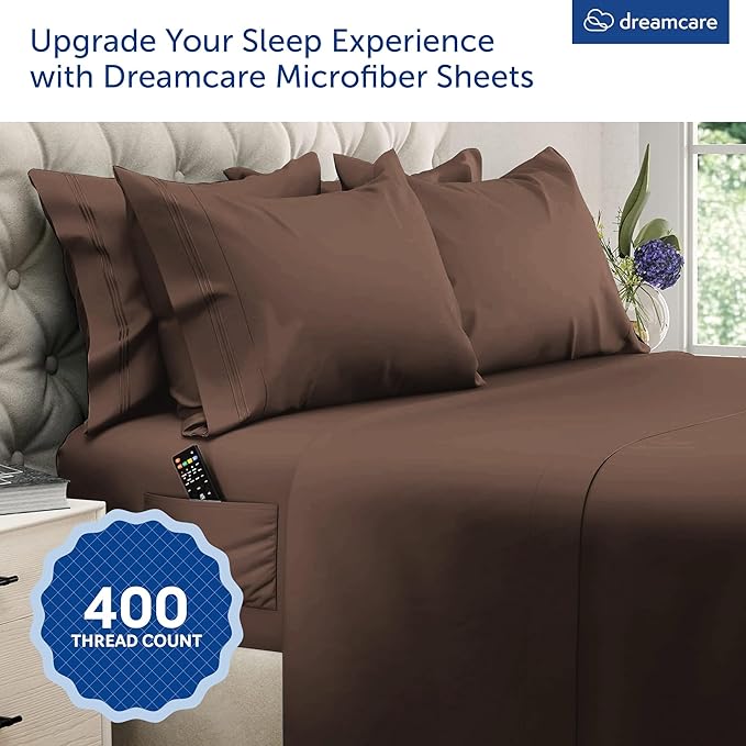 DREAMCARE King Size Sheets Set – 6 pcs Cooling Bed Sheets – up to 21” Deep Pocket King Sheet Set – 2500 Supreme Collection – Extra Soft 100% Brushed Microfiber Hotel Luxury with Side Pocket – M Brown