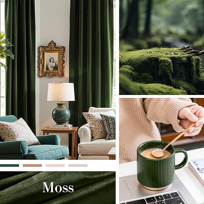 Lazzzy Velvet Blackout Curtains Thermal Insulated Room Window Drapes Super Soft Luxury Curtains for Living Room Bedroom Rod Pocket 2 Panels, Moss, 52" W x 102" L