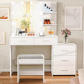 usikey 43.5in Large Vanity Desk with Mirror and 10 LED Lights, Makeup Vanity Table with Lights and 5 Drawers, White Vanity Table Vanity Set with Storage Shelves and Stool for Women Girls, White