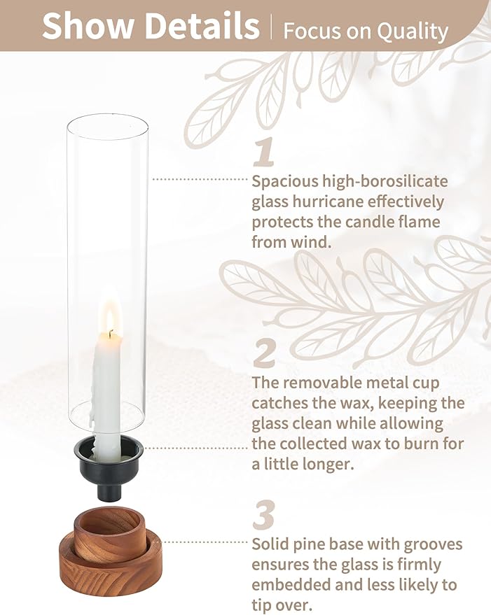 NUPTIO Dripless Taper Candle Holders with Wax Catchers: Set of 2 Hurricane Glass Candlestick Holders with Metal Bobeches for Easier Reuse - Brown Wood Modern Table Centerpiece for Outdoor Dinner
