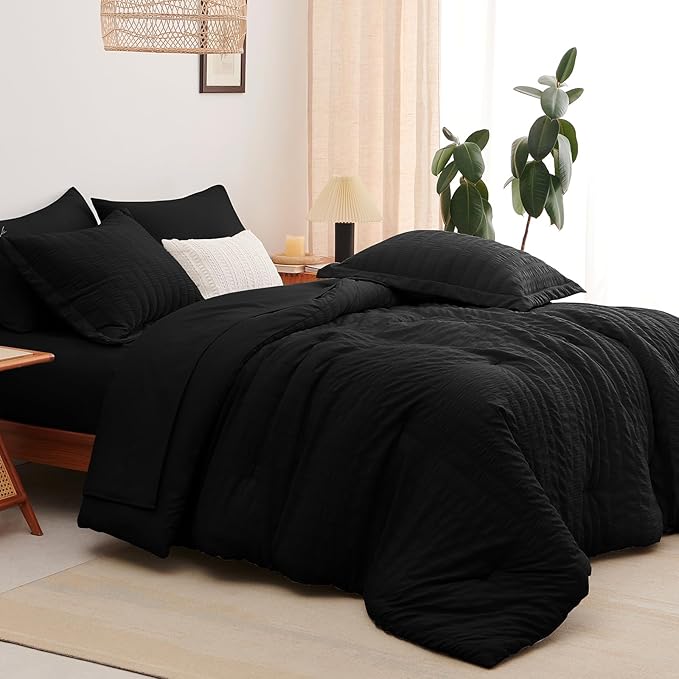 CozyLux Queen Comforter Set Black Seersucker 7 Pieces Bed in a Bag Queen Comforter Set with Sheets, Luxury Soft Bedding Set with Down Alternative Comforter, Sheets, Pillowcases & Shams for All Seasons