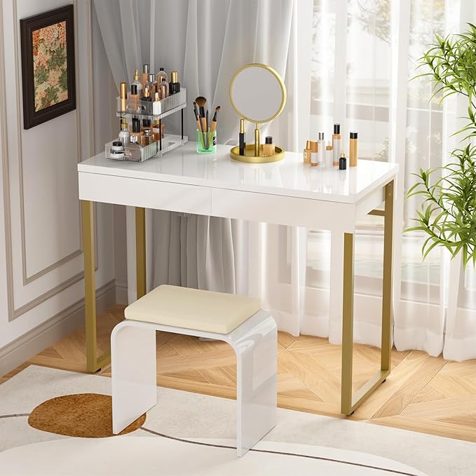 GreenForest Vanity Desk with 2 Drawers,39 inch White Desk with Glossy Desktop Easy Clean,Makeup Dressing Table with Metal Gold Legs for Home Office Small Spaces,Bedroom