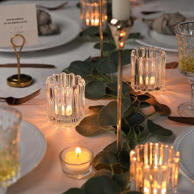Glass Clear Votive Candle Holder, Ribbed Votive Candle Holders Set of 6, Tealight Candle Holder for Wedding Centerpieces Dinner Party Table Decor