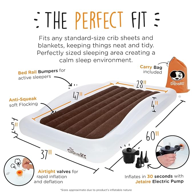 The Shrunks Inflatable Toddler Travel Bed with Safety Bumpers | Portable Toddler Bed for Kids | Toddler Air Mattress | Air Mattress with Bed Rails