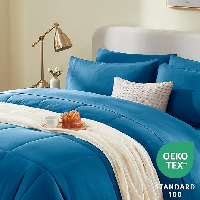 CozyLux Full Size Comforter Sets Teal, 7 Pieces Bed in a Bag, Teal Comforter Full Size, All Season Bedding Sets with Stitch Quilted Comforter, Flat Sheet, Fitted Sheet, Pillowcases