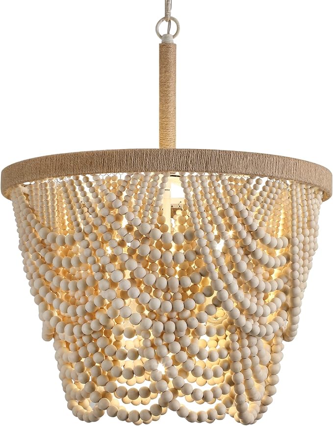 Q&S Boho Wood Beaded Chandelier,Farmhouse Coastal Large Bohemia 5 Lights for Dining Room Kitchen Living Room Entryway Foyer Hotel W19.9 UL Listed