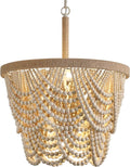 Q&S Boho Wood Beaded Chandelier,Farmhouse Coastal Large Bohemia 5 Lights for Dining Room Kitchen Living Room Entryway Foyer Hotel W19.9 UL Listed