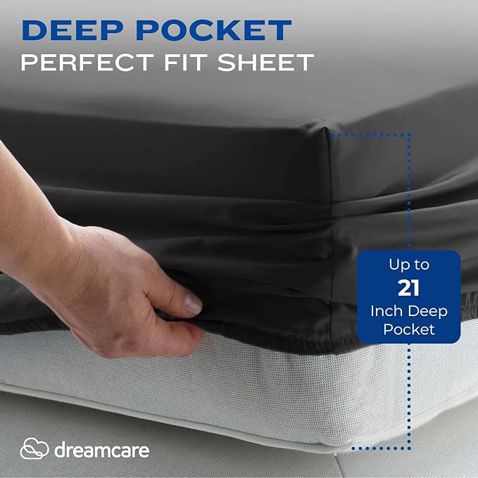 DREAMCARE Twin XL Sheet Sets - 4pc Cooling Sheets XL Twin Sheets - Twin XL Sheets up to 21” Deep Pocket – Hotel Luxury Extra Long Bed Sheets 100% Brushed Microfiber with Side Pocket - Gray