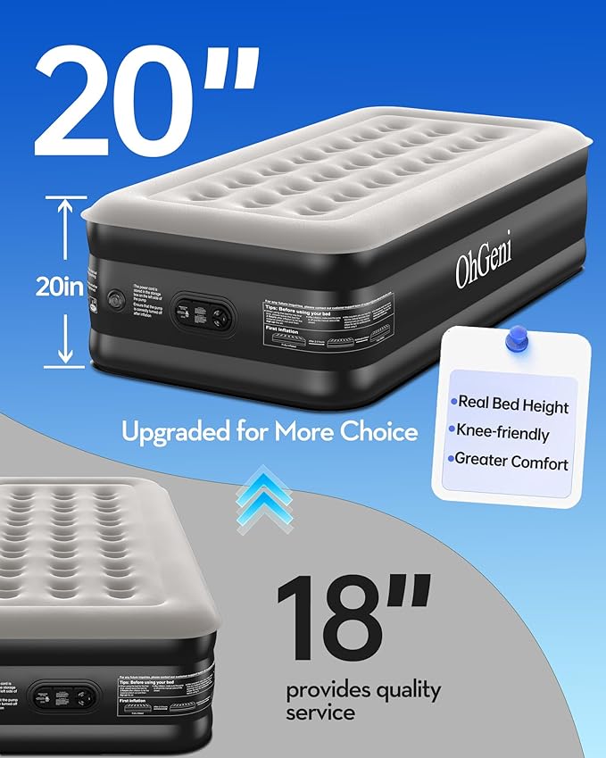 OhGeni 20" Twin Air Mattress with Built in Pump, Portable Blow up Mattress, 72Hr Leak-Proof Test Airbed for Guests & Home, Ideal for Single Person, Better to Get up, 300LBS
