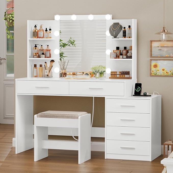 Quimoo 48" Large Vanity Desk with Mirror & Lights, Makeup Vanity Table with 6 Drawers & Power Outlet, 6 Open Storage Shelves, Vanity Desk Set with Stool, for Women Girls, White